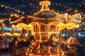 Fototapeta na wymiar Carnival Carousel: Spinning carousel at a vibrant carnival, radiating nostalgia and joy.