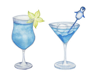 Watercolor set of illustrations. Hand painted blue cocktails on the rocks, ice cubes, carambola, star fruit, pick. Blue lagoon. Blue curacao liqueur, syrup. Aperitif. Alcohol drink. Isolated clip art