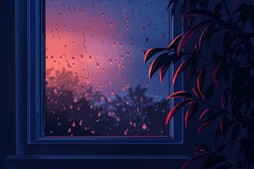 A serene twilight scene with raindrops on a window, reflecting the contemplative mood of a rainy evening - obrazy, fototapety, plakaty