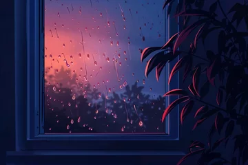 Fotobehang A serene twilight scene with raindrops on a window, reflecting the contemplative mood of a rainy evening © Rade Kolbas