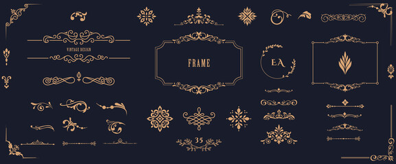 Vector set of vintage elements. Frames, dividers for your design. Golden Components in royal style. Elements for design menus, websites, certificates, boutiques, salons, etc. - 767856361
