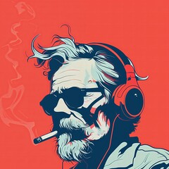 Vibrant red backdrop featuring a stylish bearded man with headphones, ideal for music, fashion, and digital lifestyle themes.