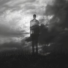 A ghostly figure stands in a stormy field, blending with the clouds, suited for themes of existence, nature, and the supernatural. - obrazy, fototapety, plakaty