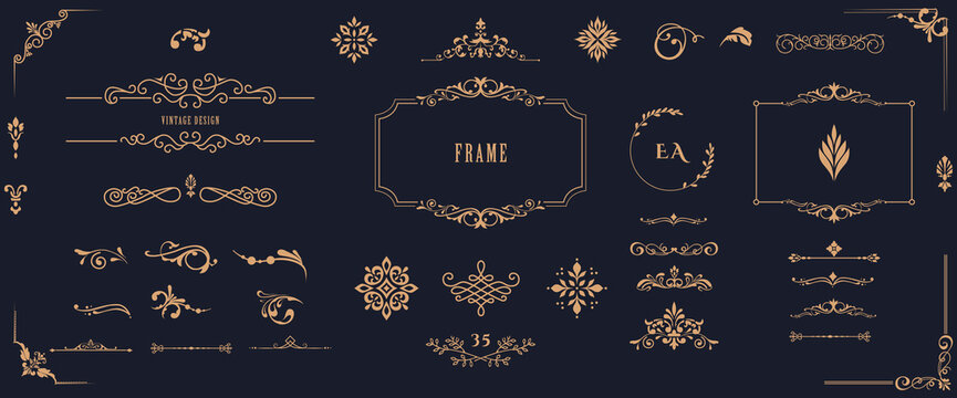 Vector set of vintage elements. Frames, dividers for your design. Golden Components in royal style. Elements for design menus, websites, certificates, boutiques, salons, etc.