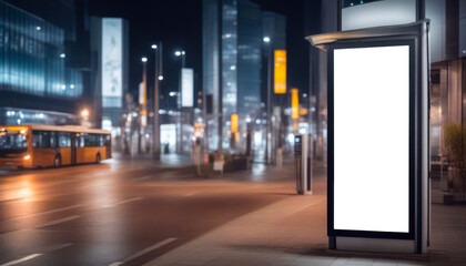 Outdoor blank billboard advertising, night city in the background. .Mock-up on white vertical panel