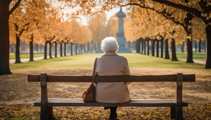 Back view of an elderly woman sitting on a wooden bench at the park. Concept of loneliness, old age