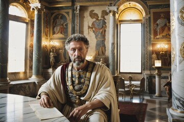 Marcus Aurelius, the esteemed former Emperor, philosopher and stoic writer of Rome, sits in his Imperial chamber of ancient Rome