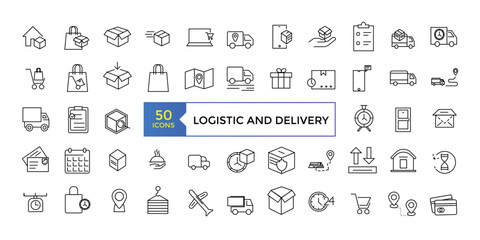 Set of line icons related to supply chain. Set of outline vector icons. Includes such as Loading, Express Delivery, logistic and delivery.