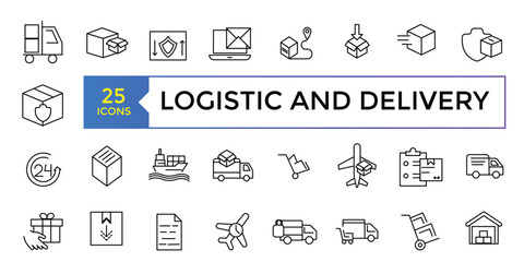 Set of line icons related to supply chain. Set of outline vector icons. Includes such as Loading, Express Delivery, logistic and delivery.
