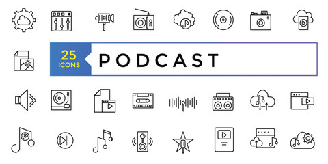 Podcast and Audio line icon set. E-learning, education, online school, webinar thin line icons. For website marketing design