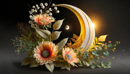 abstract 3D shape half sun half moon, foliage and flowers incorporated, light emitting, black background

