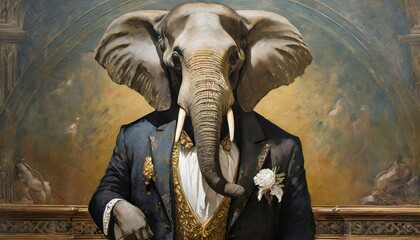 a renaissance painting of an elephant in a tuxedo 

