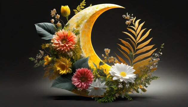 abstract 3D shape half sun half moon, foliage and flowers incorporated, light emitting, black background

