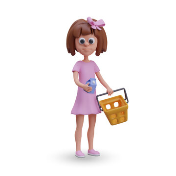 Vector girl in pink dress is shopping. Vector child character holding shopping cart and yogurt