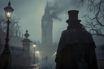 A cloaked figure with a top hat stands near Big Ben, overlooking a foggy, lamp-lit London pathway. - obrazy, fototapety, plakaty