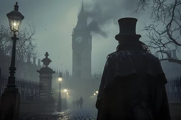 Foto op Aluminium A cloaked figure with a top hat stands near Big Ben, overlooking a foggy, lamp-lit London pathway. © Chomphu
