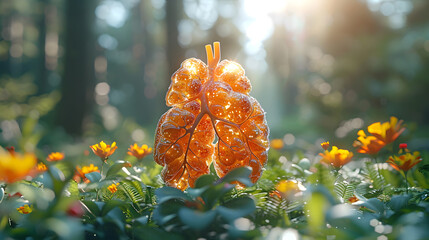An intricately detailed, amber-colored leaf stands aglow with sunlight, surrounded by vibrant greenery and flowers