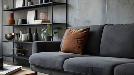 Close up of grey sofa with brown pillow against concrete wall with shelves. Loft home interior design of modern living room.