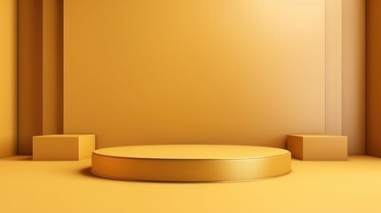 Fototapeta na wymiar Empty podium on gold color background with box stand concept product shelf standing 3D rendering.