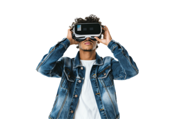 Male photographer holding a digital camera while focusing on taking a picture outdoors, virtual goggless