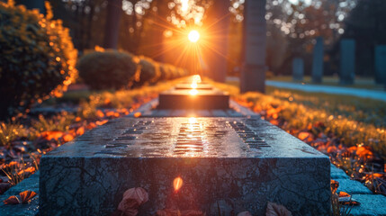 Sunset Reflections in a Cemetery Honoring the Fallen - obrazy, fototapety, plakaty