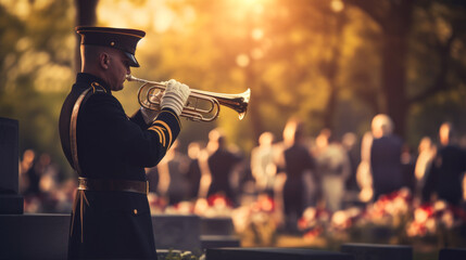 Military Trumpet Ceremony at Sunrise for Honor and Remembrance - obrazy, fototapety, plakaty