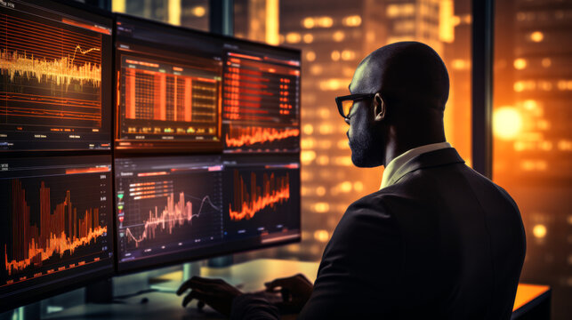 Surrounded by glowing screens filled with stock market analytics - Powered by Adobe
