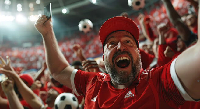 Euphoric football fans in red jerseys, cheering and celebrating with their mobile phones at the stadium