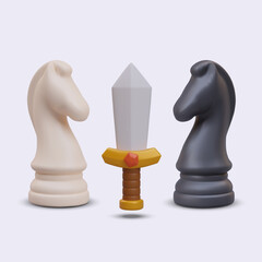 Sword between chess knights. Concept of battle, competition between players © ArtHub007