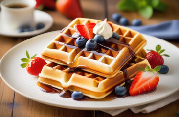 Belgian square waffles with strawberries, blueberries and honey in a plate.