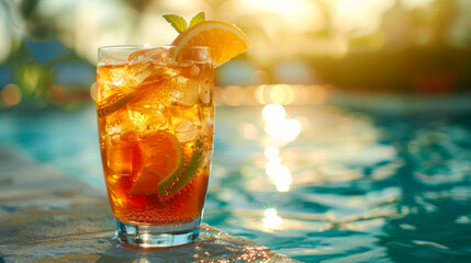 Iced Tea with Lemon by the Pool at Sunset