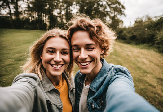 Beautiful smiling couple taking selfie shot with smartphone outdoor in the nature. Lifestyle concept