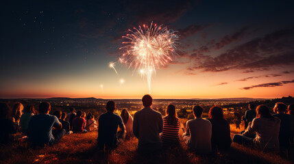 Community Enjoying Fireworks Display on Hillside