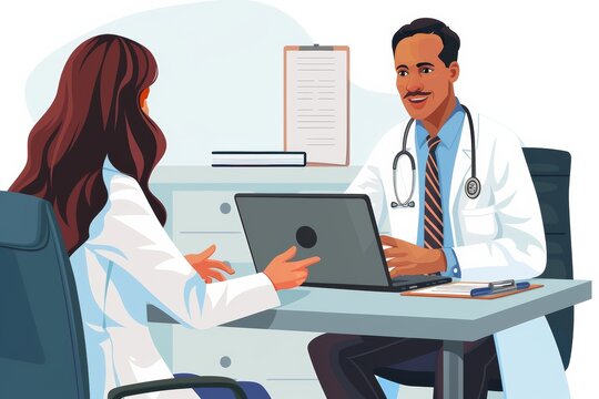 illusion graphic design with a cartoon character doctor engaging in conversation with a patient in a hospital clinic room, blending creativity with medical care.