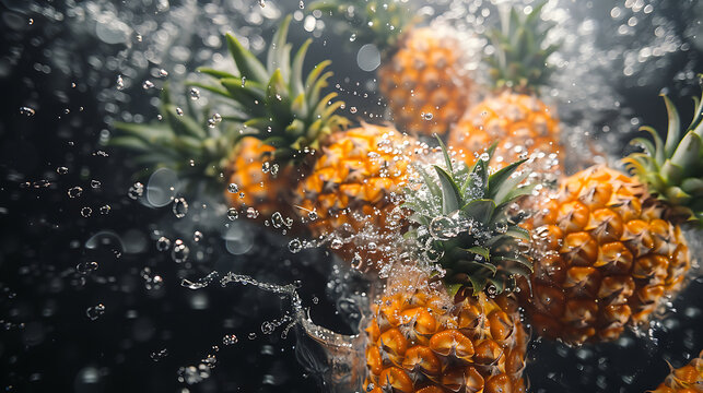 A bunch of ripe pineapples, with water droplets, falling into a deep black water tank. Generative AI illustration 