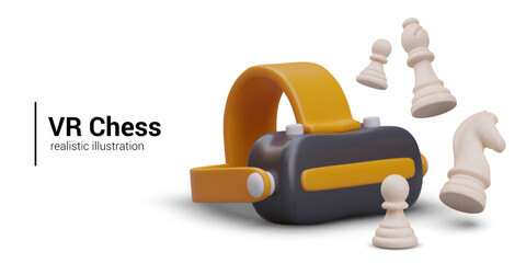 Virtual chess. Realistic VR glasses, pawn, bishop, knight in floating position