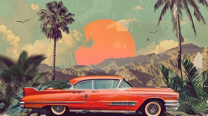 Craft a nostalgic travel collage: A vintage car from the 50s, 60s against a backdrop of palms, mountains, and art deco elements. Ideal for magazine, poster, postcard, social media - obrazy, fototapety, plakaty