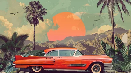 Fototapeten Craft a nostalgic travel collage: A vintage car from the 50s, 60s against a backdrop of palms, mountains, and art deco elements. Ideal for magazine, poster, postcard, social media © growth.ai