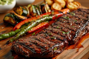 A wooden cutting board topped with a juicy steak and colorful vegetables, ready to be cooked or served for a delicious meal