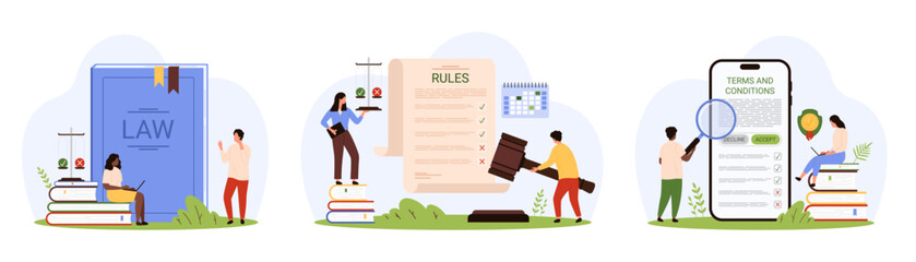 Law, company policy and rules, user agreement to terms and conditions set. Tiny people reading guideline document with magnifying glass, legal information in paper book cartoon vector illustration