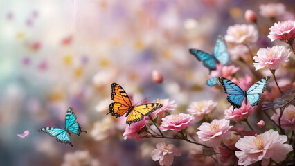 background filled with clear fluttering colorful butterflies amidst blossoming flowers