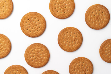 A lot of Maria biscuits on a white background. Flat lay