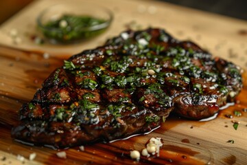 A detailed view of a ribeye steak placed on a wooden cutting board, ready to be prepared