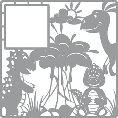 dinosaurs volcano contour photo frame. Vector illustration hand-drawn, silhouette of animals and objects, on an isolated background.
