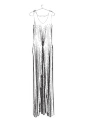 Outline of a long woman's dress hanging on a hanger made of black lines isolated on a white background. Vector illustration.