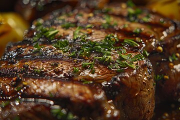A detailed view of a chargrilled ribeye steak topped with fresh herbs