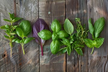 Group of green and purple vegetables arranged on a wooden table