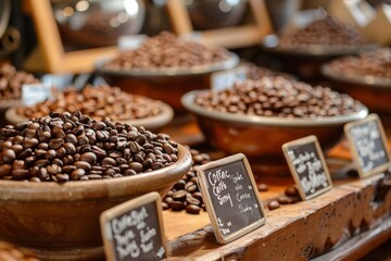 A bunch of roasted coffee beans arranged on a wooden table in close-up view