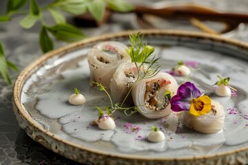 Close-up shot of a plate with Rollmop and garnish composition on a wooden table