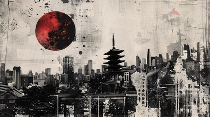 Craft a vintage grunge black and white collage poster featuring an Asian cityscape. Incorporate diverse textures and shapes for a dynamic visual composition
